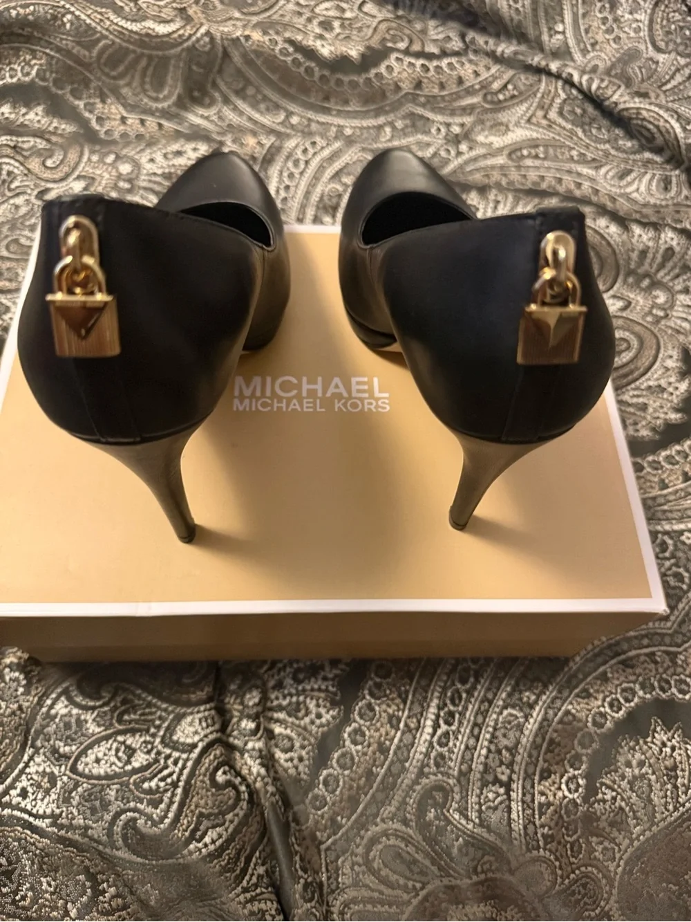 Michael Kors Black Leather High Heel Pumps with Gold Accent